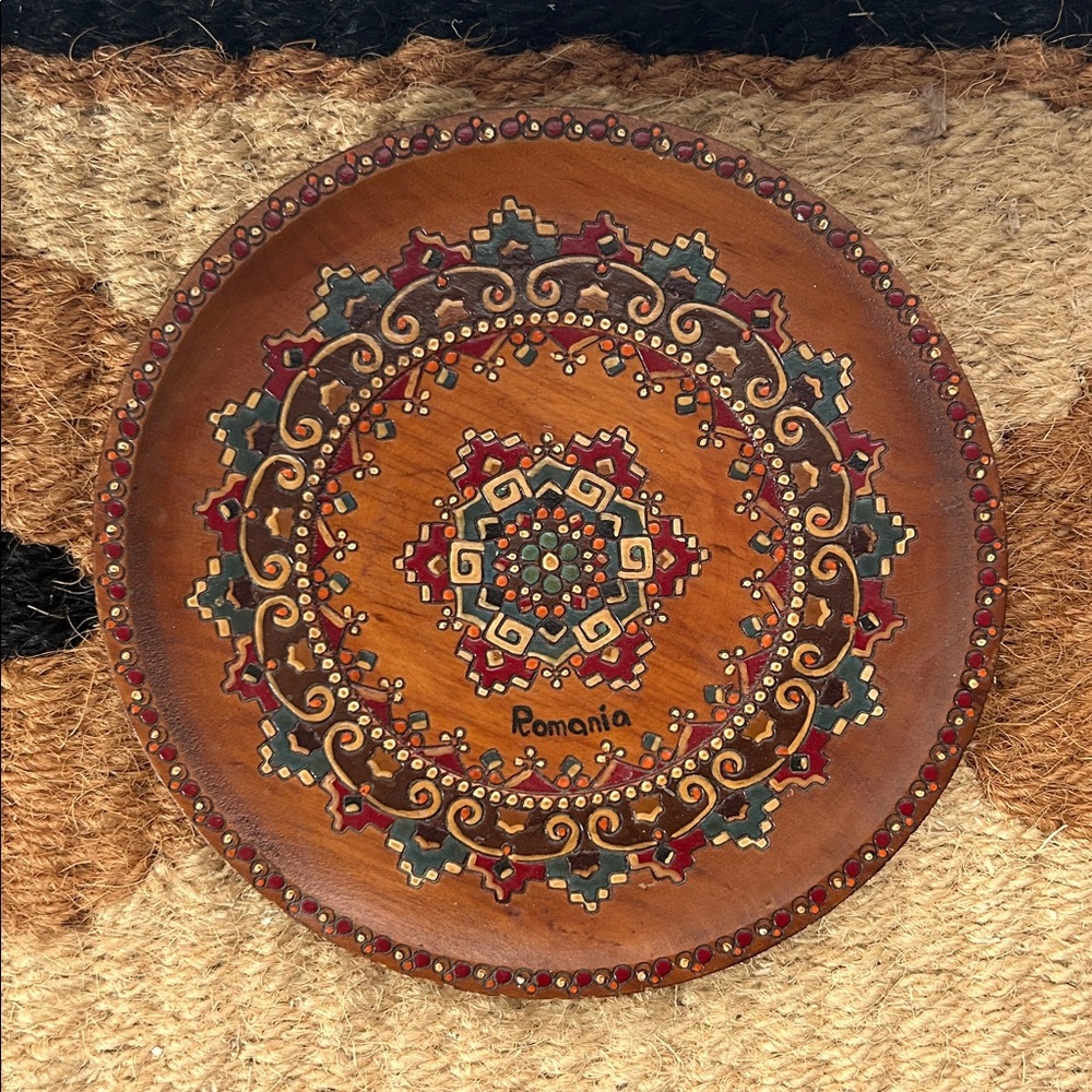 Vintage handcrafted wood plate Romania